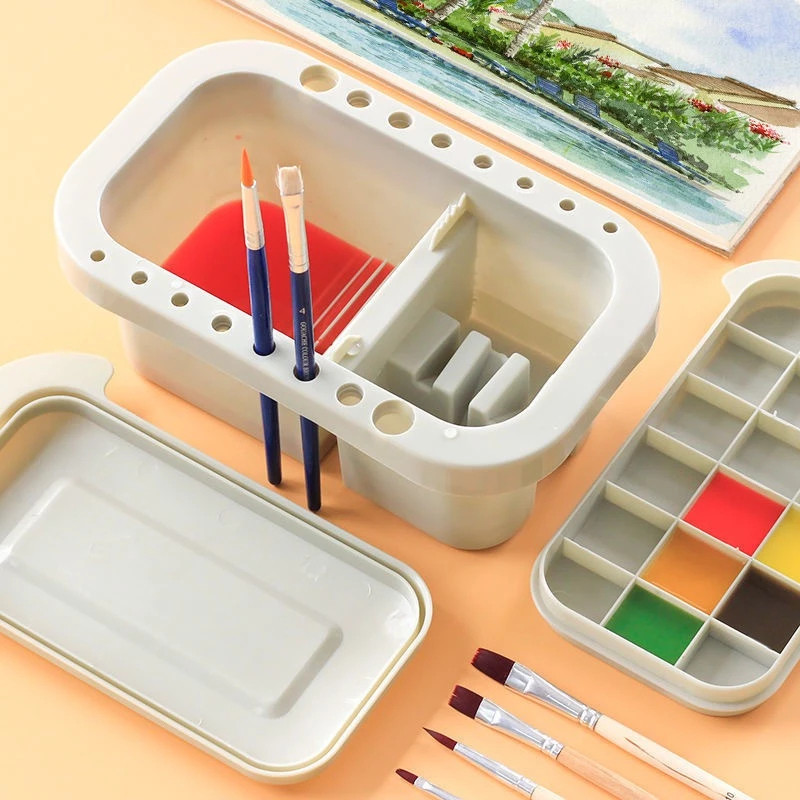Xô rửa cọ vẽ pha đựng màu nước 3 chức năng,có nắp khay rửa làm sạch cọ vẽ đa năng tiện lợi