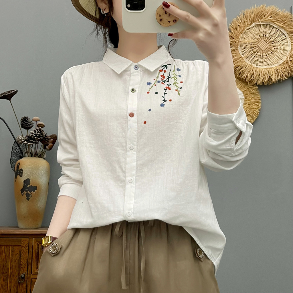 Áo sơ mi nữ cotton cổ nhọn thêu hoa, dáng rộng, thoáng khí cho mùa xuân