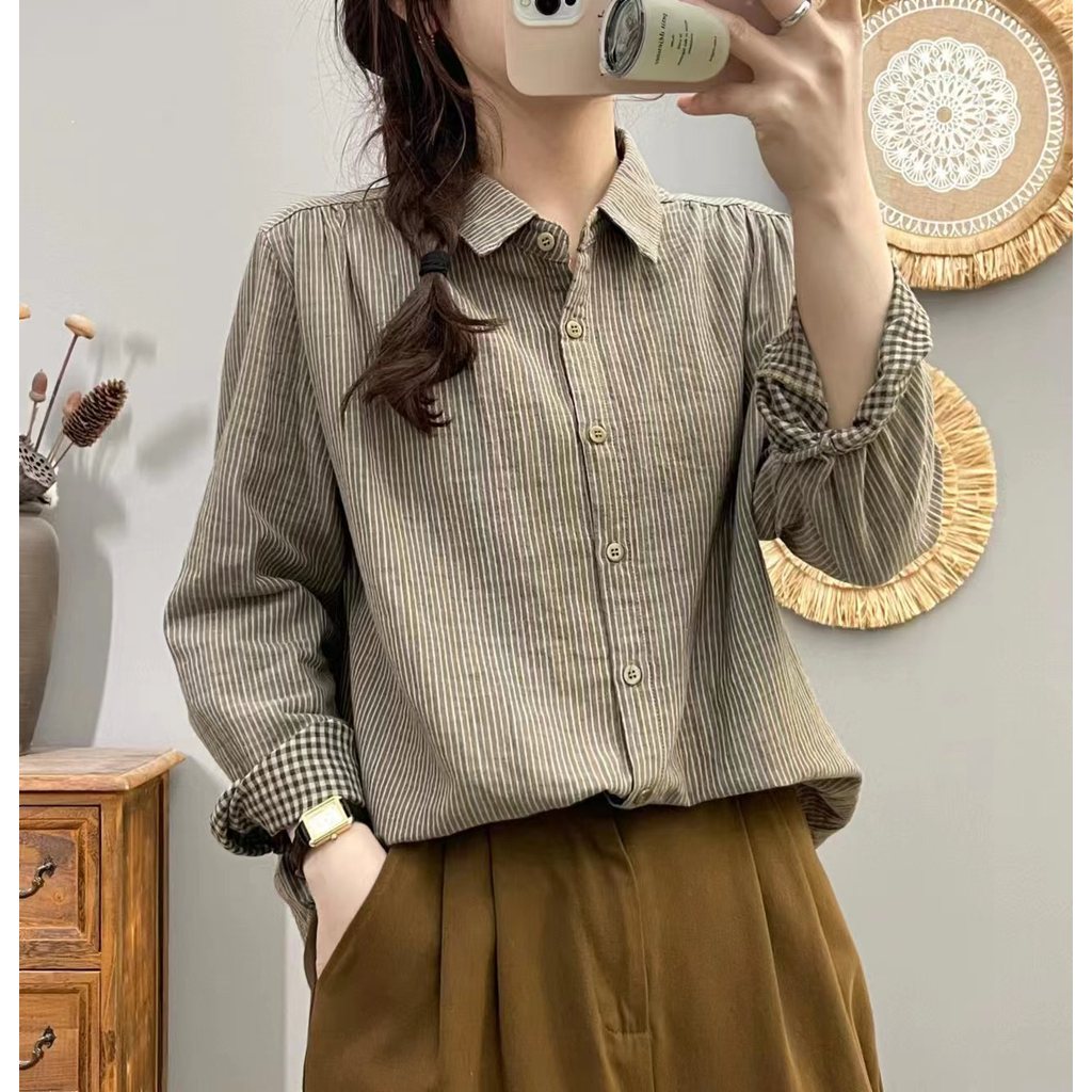 Áo sơ mi nữ cotton chất lượng cao, thiết kế retro, phù hợp xuân thu đa năng