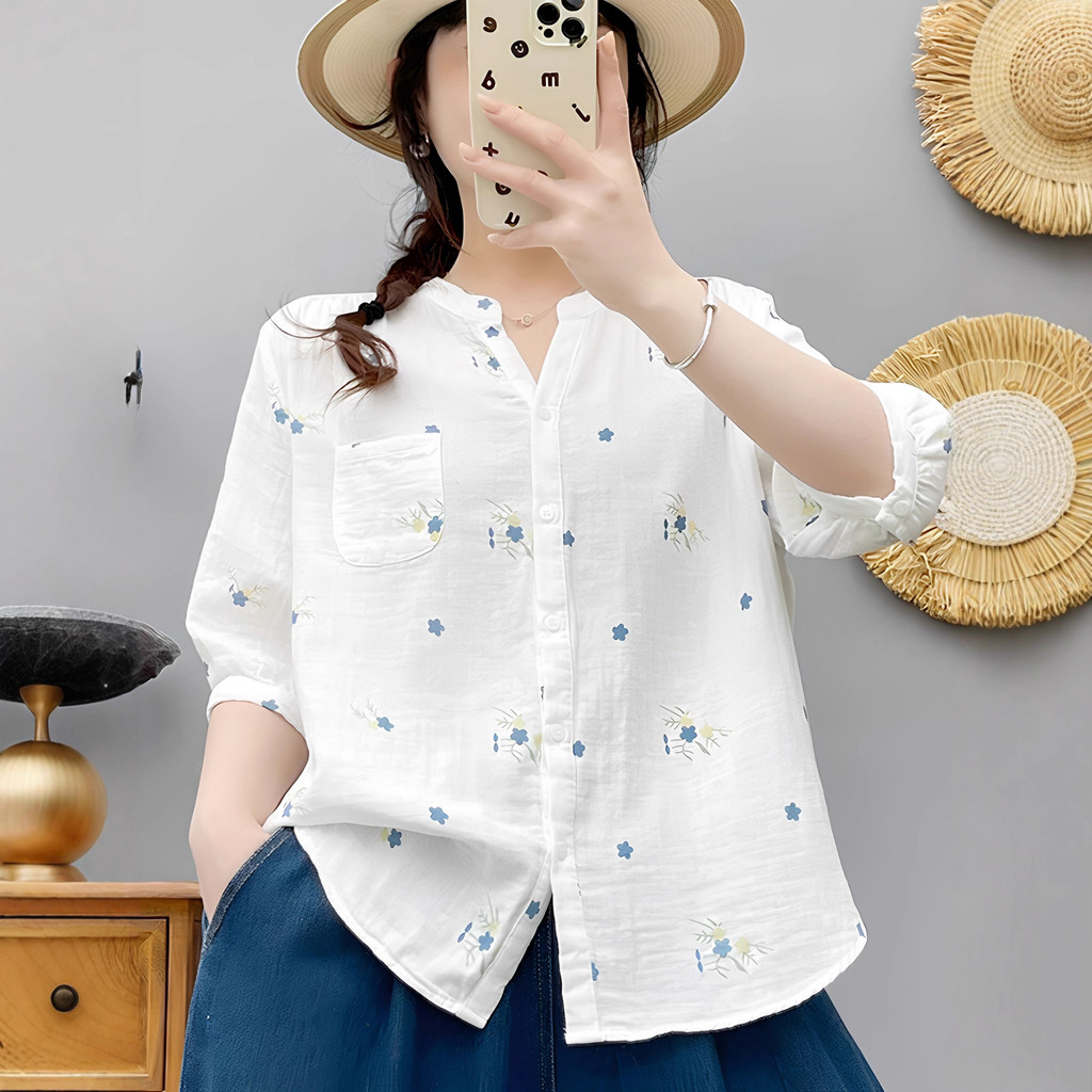<![CDATA[Áo sơ mi nữ 100% cotton cổ chữ V, tay vừa, họa tiết mùa hè]]>