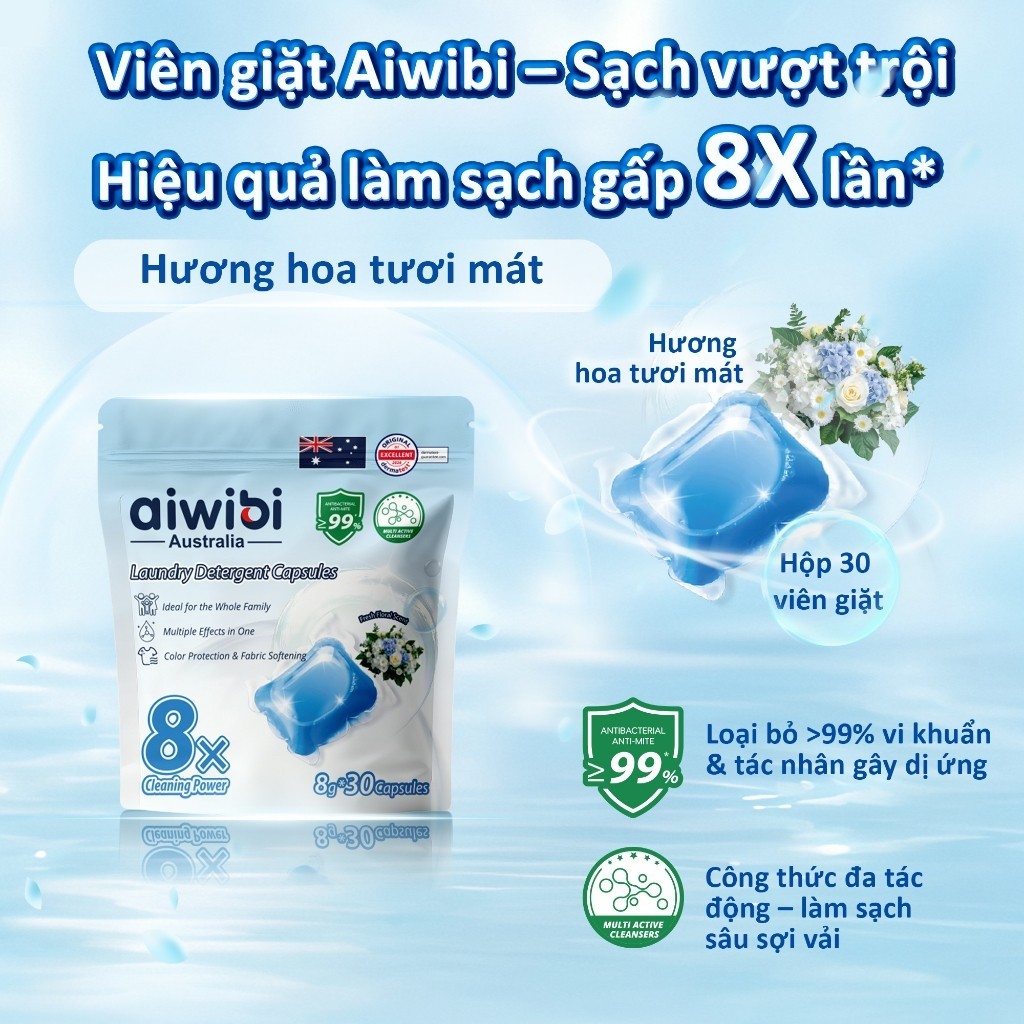 Túi Viên Giặt Aiwibi Tiện Lợi (30 viên/túi), Sạch Vượt Trội, Đánh Bay Vết Bẩn, Giữ Quần Áo Thơm Lâu - Hương Hoa