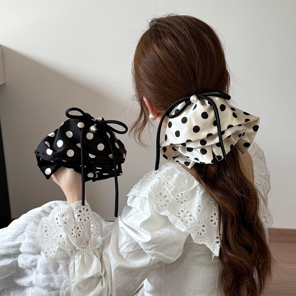 Hululu - Kẹp tóc retro phong cách Pháp, chấm bi ngọc trai, dây buộc satin cao đuôi ngựa