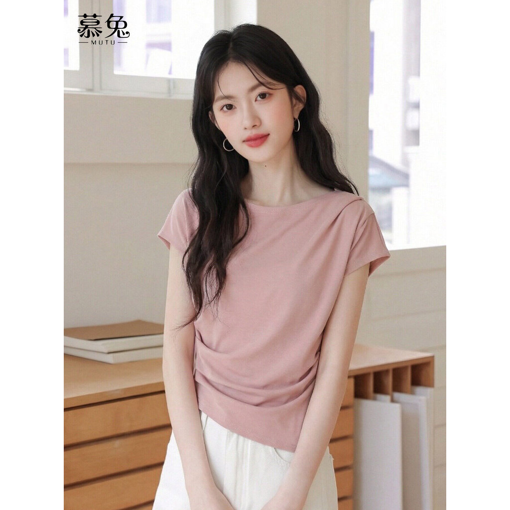 Mutu Áo Thun Nữ Màu Hồng Pastel Phong Cách Hàn Quốc, Thiết Kế Xếp Ly Eo Cho Mùa Hè 2026