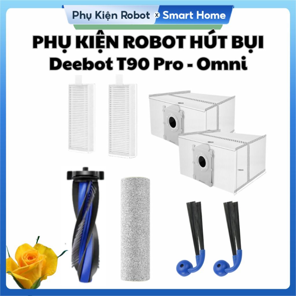 Phụ kiện robot hút bụi Ecova Deebot T90 Pro Omni: Chổi chính, Cạnh/ Bộ lọc/ Con lăn/ Túi rác/ Nước
