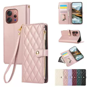 Ốp Lưng Cho Vivo V70 Elite Lưới Kim Cương Da Dây Kéo Nhiều Khe Cắm Thẻ Dây Đeo Tay Chống Rơi Vỏ Điện Thoại