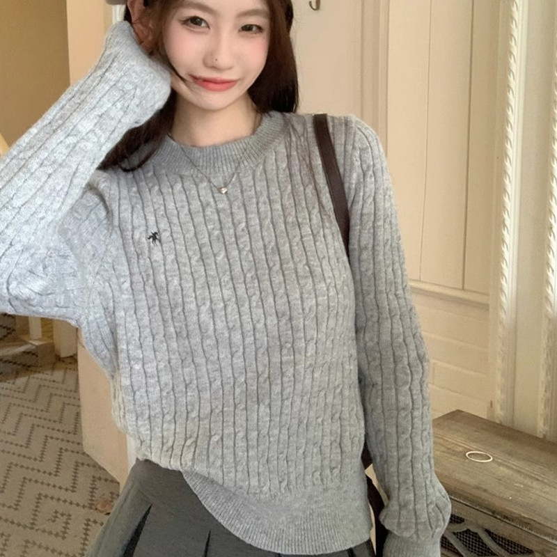 【dynamar】Áo Len Nữ Dệt Kim, Áo Sweater Dệt Kim Vặn Xoắn, Áo Len Cổ Tròn Tay Dài Màu Trơn Hàng Loại
