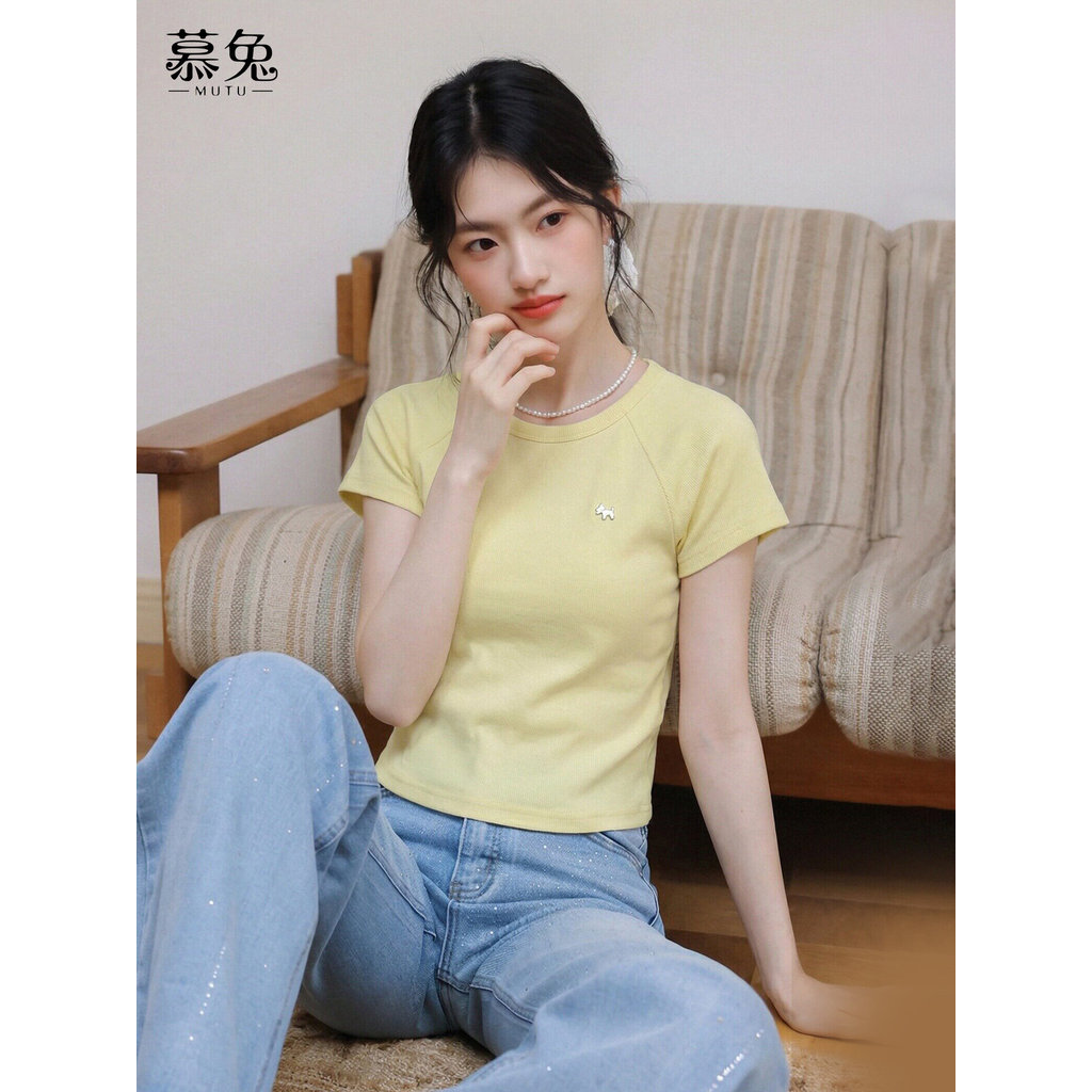 Mutu Áo Sơ Mi Vàng Ngọt Ngào Vai Ngắn Cho Nữ, Slim-Fit Ôm Body, Thích Hợp Mùa Hè