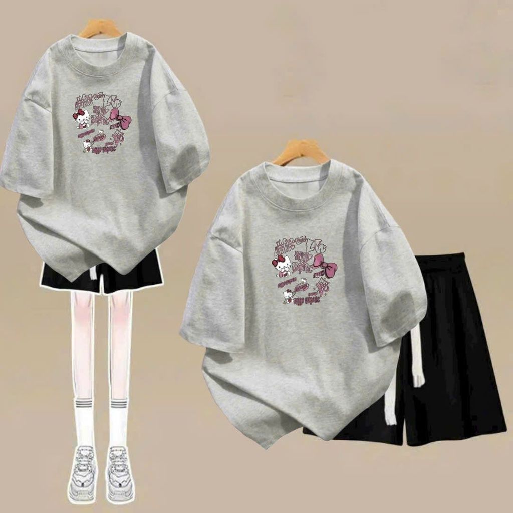 sét bộ quần đùi cộc dây to trơn+mix áo phông form rộng in hình mèo cute-SHOP THỜI TRANG THU BIO
