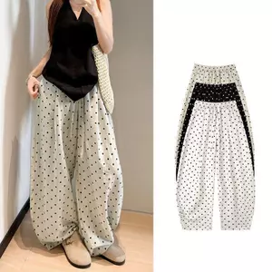 Quần ống rộng lụa chấm bi phong cách Hàn Quốc, dáng drape phù hợp eo cao