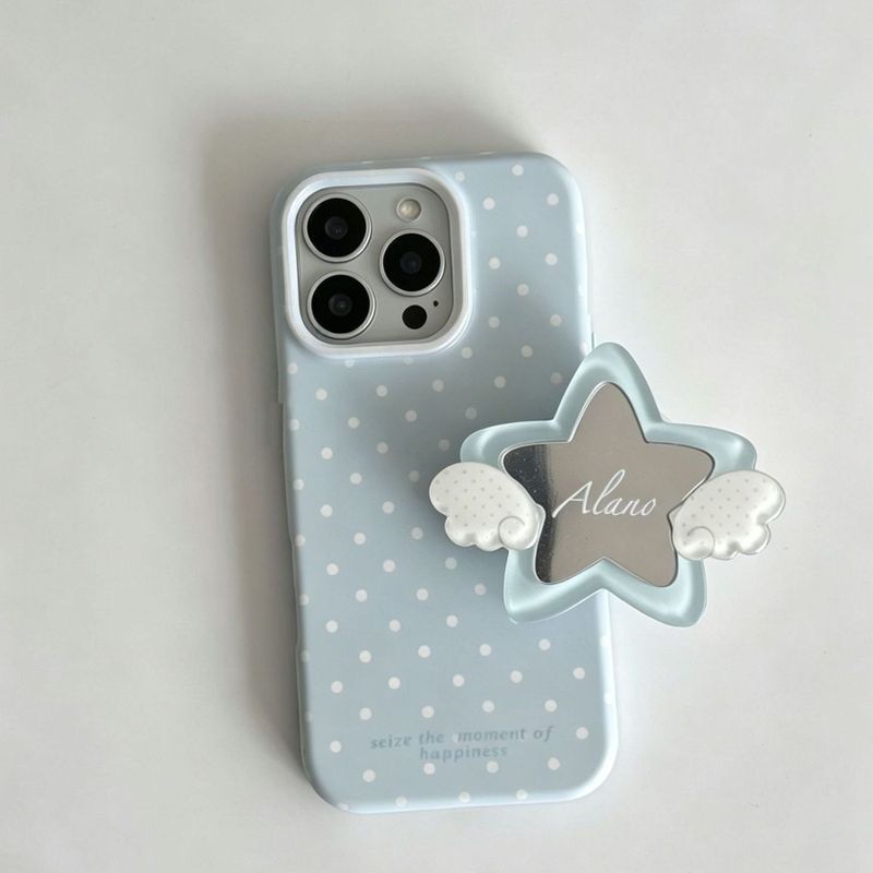 Ins Blue Polka Dot Wings Star Mirror Holder Apple 17 / 16 / 15 Ốp Điện Thoại 14 / 13 Girl 12 Niche