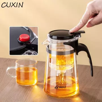 Ấm trà tách lọc trà CUXIN, Ấm thủy tinh chịu nhiệt tiện lợi dày, Ấm đun nước trong suốt bền ấm trà lọc một nút Gia đình