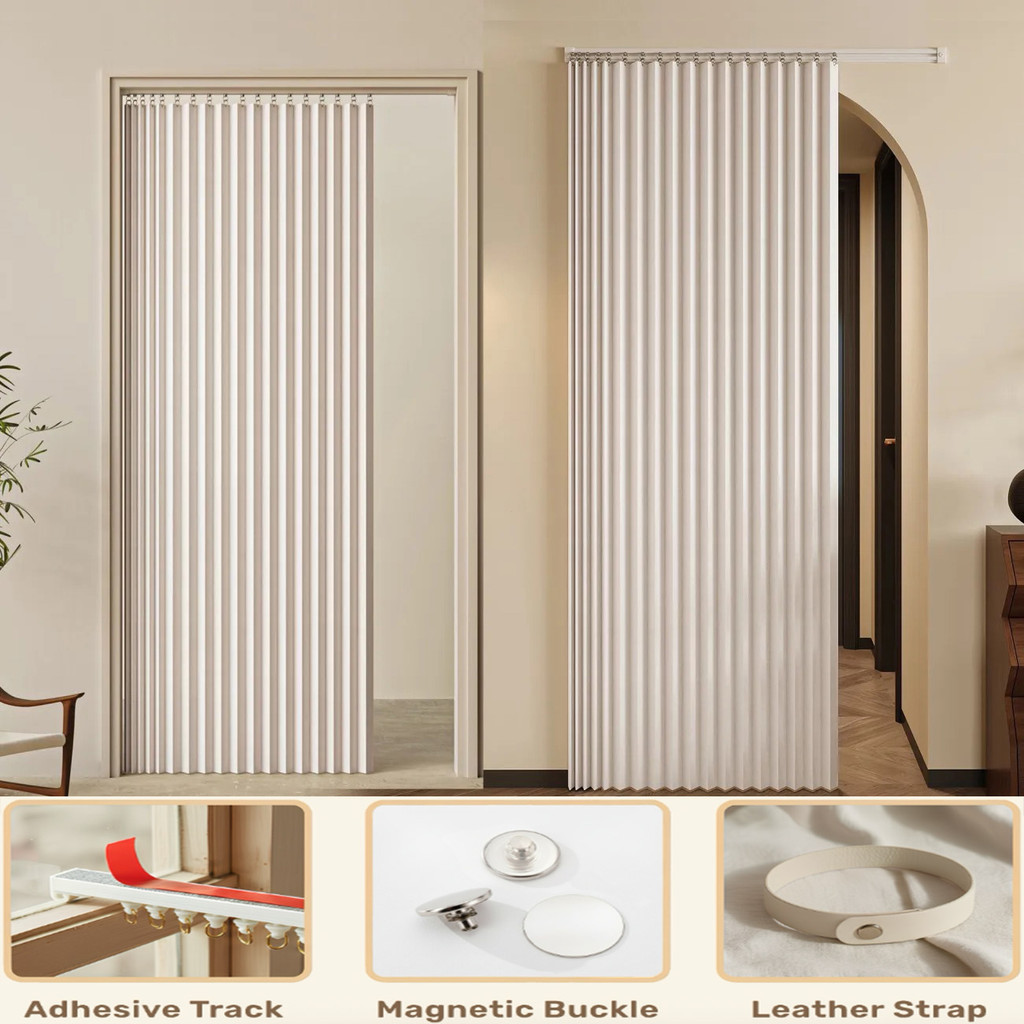 Rèm gấp màu trơn tùy chỉnh để tách phòng – Vỏ bọc đường ray dính, Giải pháp không khoan cho lối vào phòng ngủ, lối vào ban công & phân vùng không gian