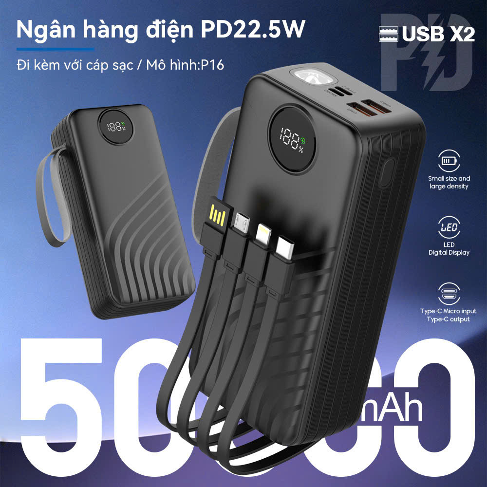 Sạc Dự Phòng 50000mAh Sạc Nhanh PD20W/22.5W Chứng Nhận 3C Nhiều Cổng Sạc Dây Tích Hợp Màn Hình LED Đèn Pin Chiếu Sáng