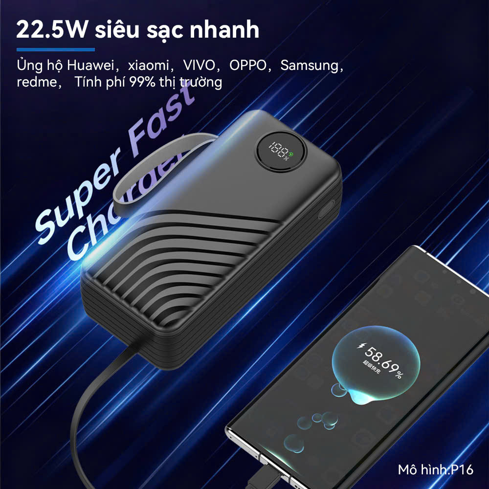 Sạc Dự Phòng 50000mAh Sạc Nhanh PD20W/22.5W Chứng Nhận 3C Nhiều Cổng Sạc Dây Tích Hợp Màn Hình LED Đèn Pin Chiếu Sáng
