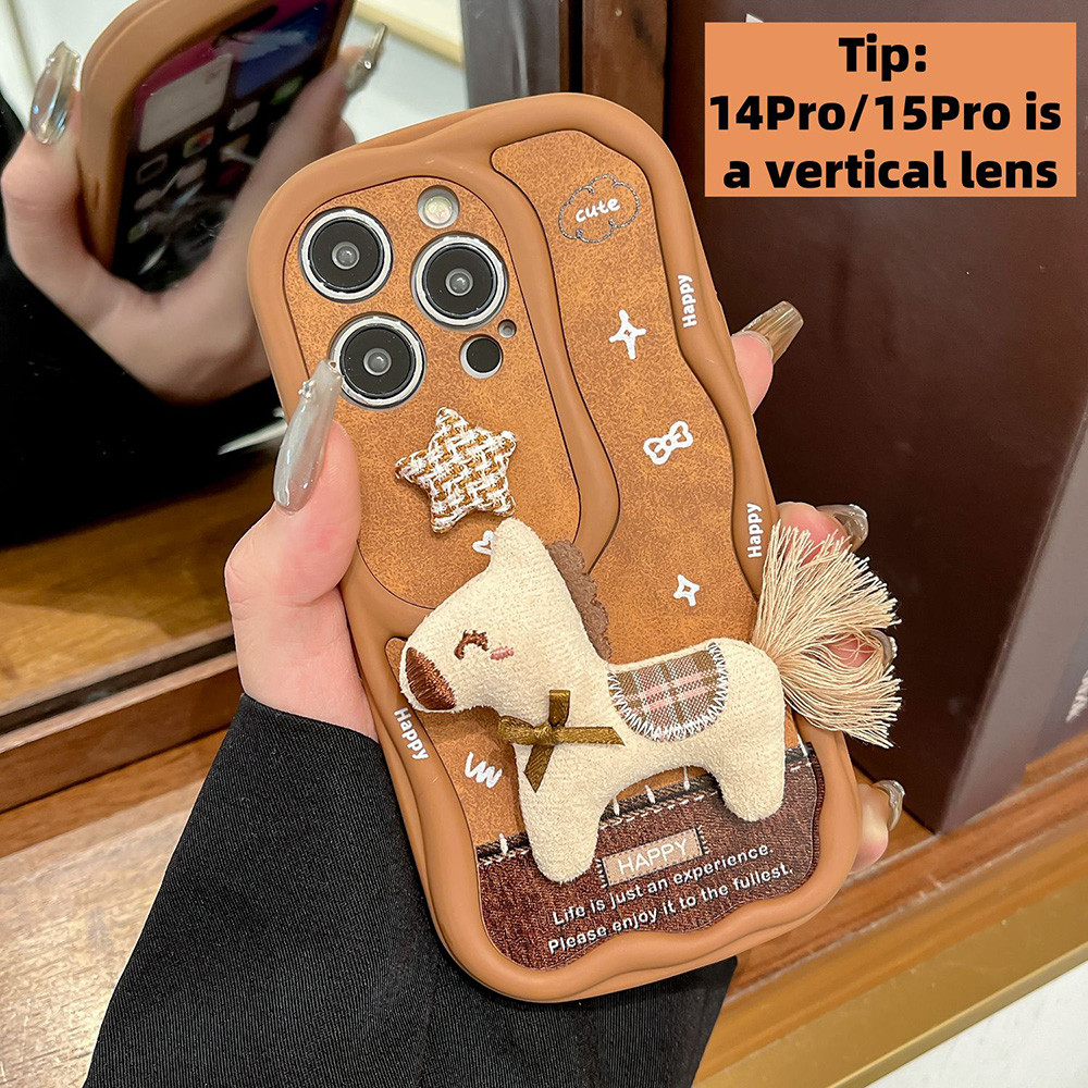Ốp Điện Thoại Sóng 3D Ngựa + Dây Buộc Cho iPhone 17 Pro Max 16 Plus 15 14 13 Vỏ Bảo Vệ Chống Sốc