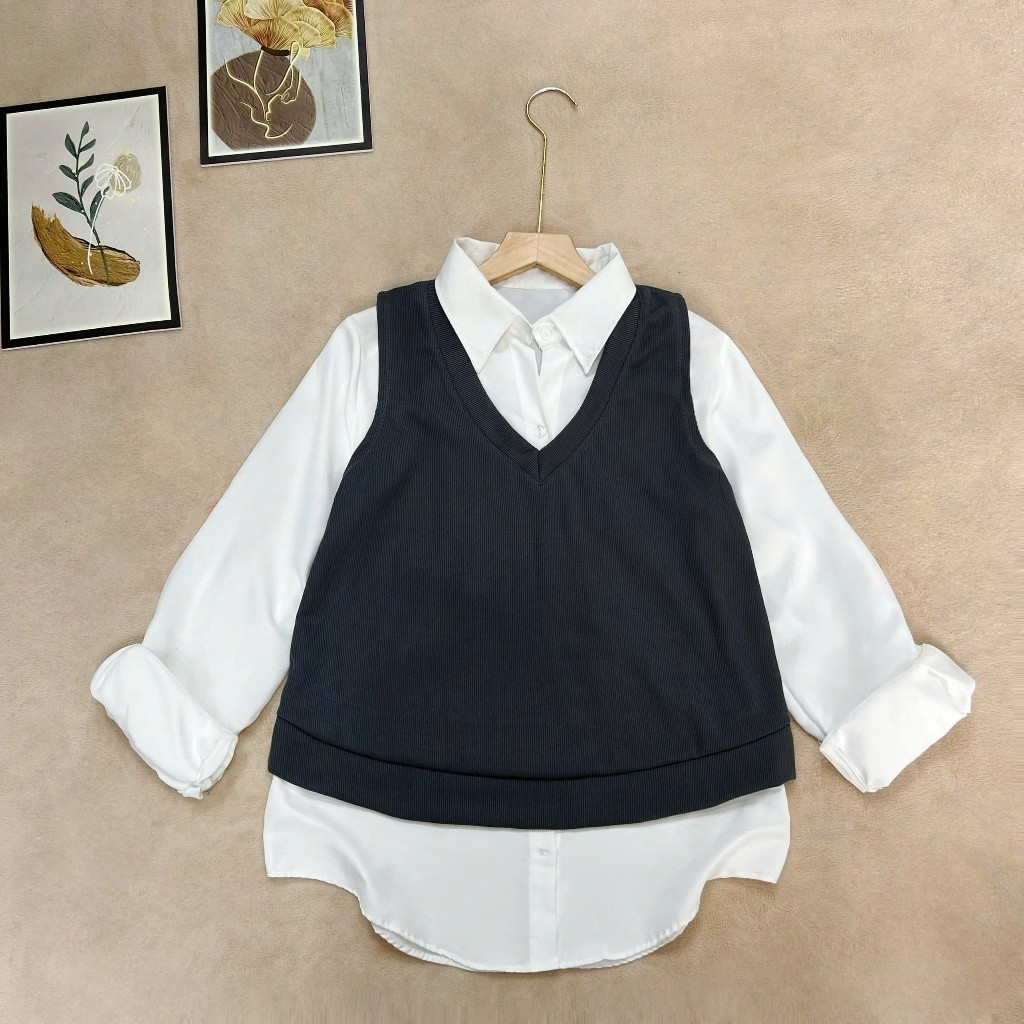 Set Bigsize Nữ Che Bụng Tôn Dáng – Sơ Mi Tay Dài Phối Gile Xinh Xắn Dễ Thương SM20+A335