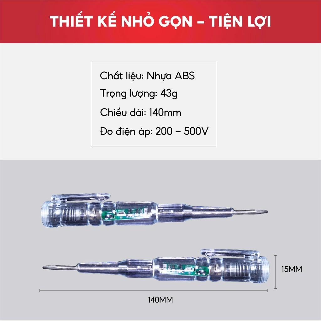Bút thử điện cảm ứng 200V-500V vỏ nhựa ABS, đèn báo LED siêu nhạy thiết kế nhỏ gọn tiện dụng