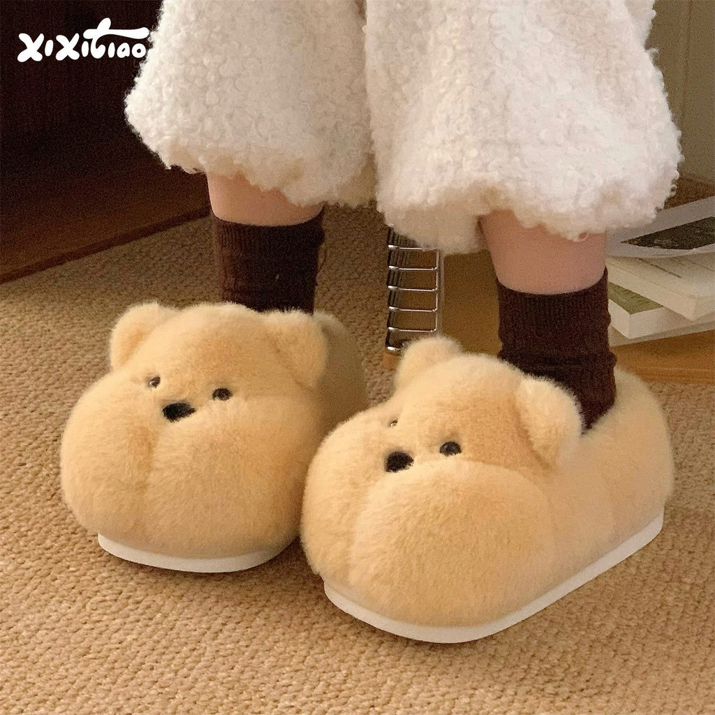 XIXITIAO Dép Cotton Mùa Đông Ấm Áp Sinh Viên Chống Trơn Trượt Gấu Nhỏ Béo Cặp Đôi Nam Nữ Nhà