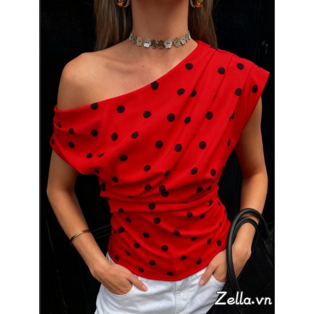 Áo Tank Top Một Vai Cho Nữ, Họa Tiết Chấm Bi và Ru-chê, Phù Hợp Mặc Với Áo Vest