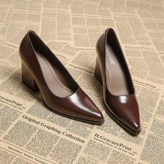 Giày Cao Gót Nữ Mũi Nhọn Dày Gót Slip-On Nông Miệng 35-42