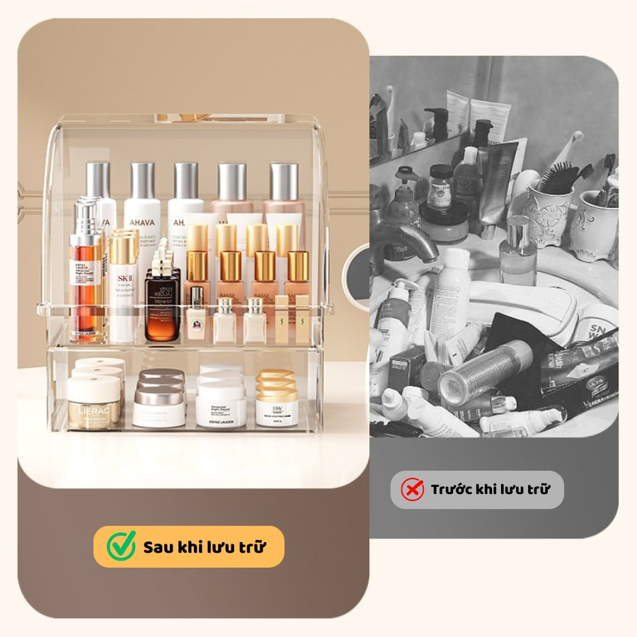 Hộp Nhựa Trong Suốt ENODA HOME Đựng Mỹ Phẩm Để Bàn, Tủ Kệ Đựng Đồ Makeup Trang Điểm Chia 2 Ngăn Chống Bụi Q060