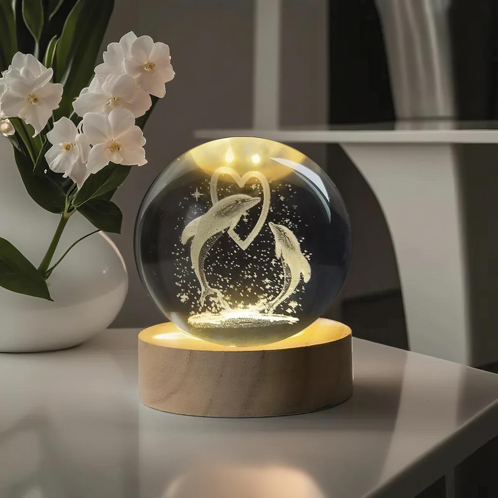 Quả cầu pha lê khắc 3D hình cá voi và cá heo đại dương cao cấp, đèn ngủ, quà tặng sinh nhật sáng tạo và quà lưu niệm. Đè