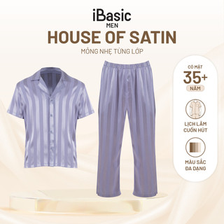 Bộ mặc nhà nam iBasic satin sọc tay ngắn quần dài - HOMM019