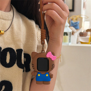 Vỏ mềm bảo vệ silicon Hello Kitty bằng da đen Thích hợp cho iwatch S11 10 9 8 utrra 7 6 5 4 SE 3 2 1 Size 38mm40mm41mm42mm44mm45mm49mm