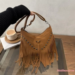 Túi đeo chéo tua rua Bohemian giả da lộn cổ điển Đinh tán có dây kéo Túi đeo vai