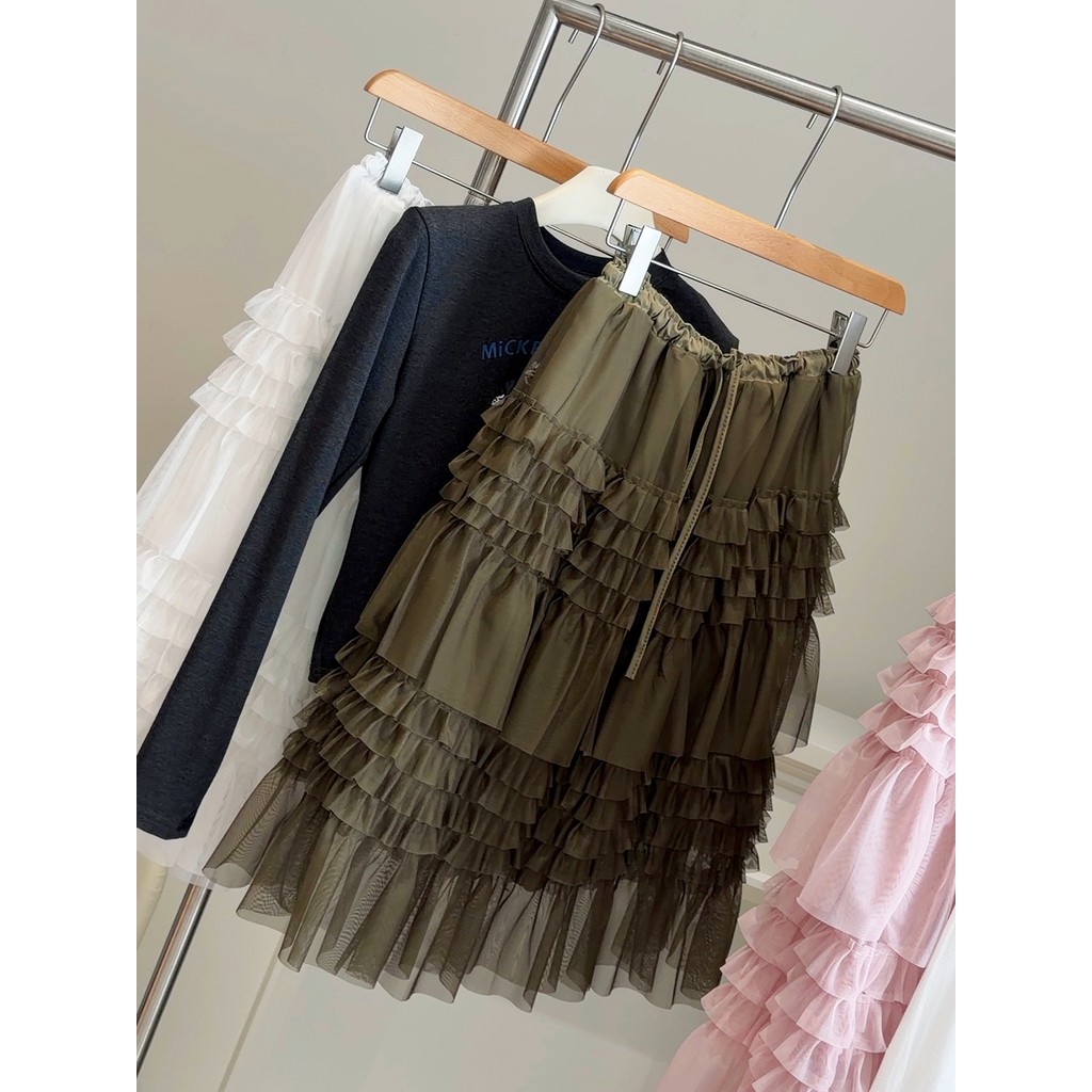 Váy Puff Layered Mùa Xuân, Phong Cách Hàn Quốc, Co Dãn Eo Viền Nữ