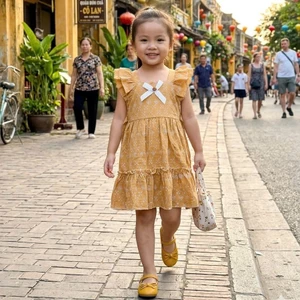 Đầm Bé Gái Vintage Cánh Tiên Màu Vàng 10-15kg - Váy Thiết Kế Họa Tiết Hoa Nhí Xinh Xắn Cho Bé Đi Chơi, Dự Tiệc