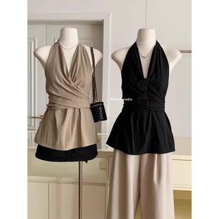 Váy Sơ Mi Màu Be Vải Mềm, Cổ Chữ V, Thiết Kế Slim-Fit Hẹp Waist, Phong Cách Hepburn