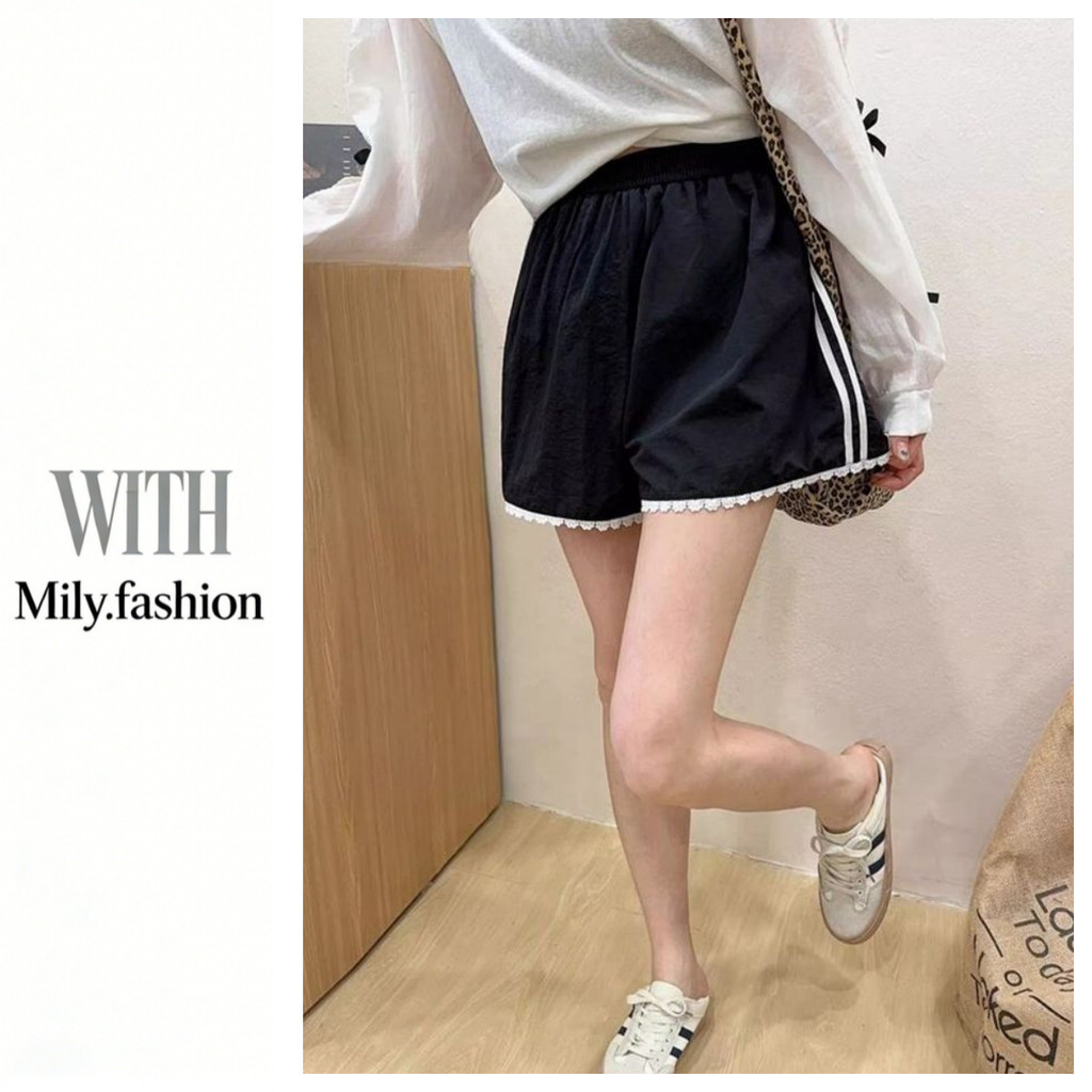 Milyfashion Khâu Ren Nhanh Khô Eo Co Giãn Thể Thao Quần Short Mùa Hè Rời Nhà Quần Short Ống Rộng Quần Áo Nữ