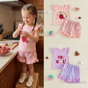 6m-4y Bé Gái 2 Bộ Trang Phục Mùa Hè Tay Bay Dâu In Chữ Cái Áo Và Quần Short Bộ Quần Áo
