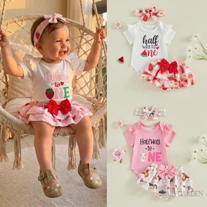 Trẻ Sơ Sinh Bé Gái Nửa Sinh Nhật Trang Phục Cổ Tròn Ruffle Tay Ngắn In Chữ Áo Liền Quần Co Giãn Eo Skorts Và Băng Đô Bộ