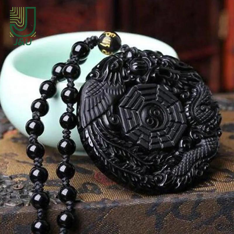 Dây chuyền obsidian tự nhiên khắc rồng và phượng hoàng, bùa hộ mệnh Bagua dành cho nữ