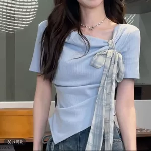 Phong Cách Ngọt Ngào Nơ Thiết Kế Kẻ Sọc Không Đều Áo Ngắn Tay 2025 Slim-Fit Ngắn-