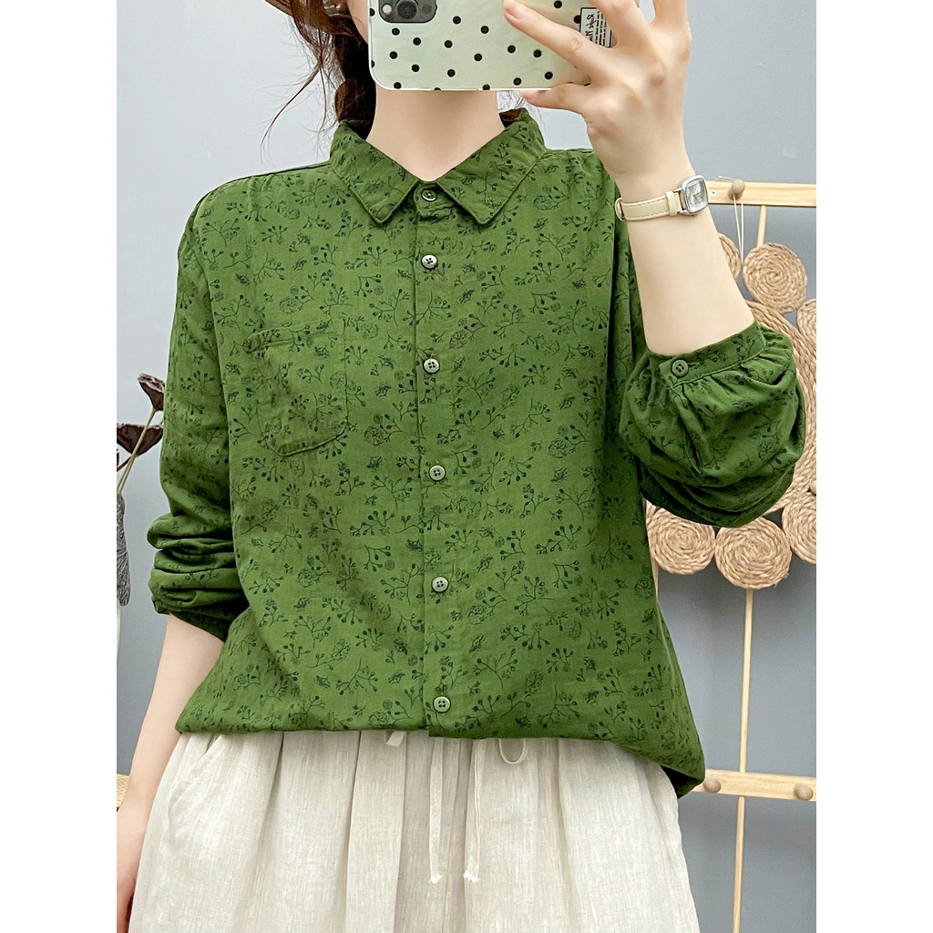 Áo sơ mi nữ cotton, họa tiết văn học cổ điển, thiết kế thoáng khí