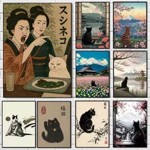 Vintage Ukiyo-e Japanese Kimono Cat Mount Fuji Fun Animal Canvas Painting Art Home Wall Decor Canvas Poster
