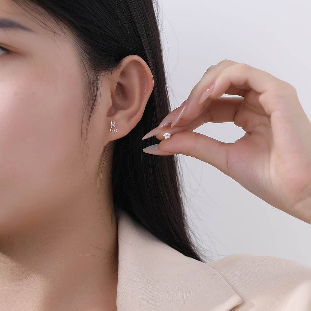 Bông tai mèo cá tính từ bạc nguyên chất S999