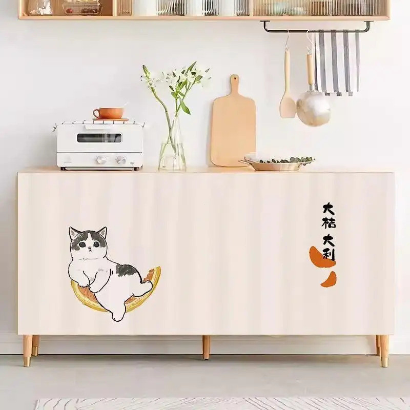 Rèm tủ có đường trượt – Họa tiết mèo Nhật Bản dễ thương, Vỏ bồn rửa không rơi cho nhà bếp, ống chống bụi & ẩn