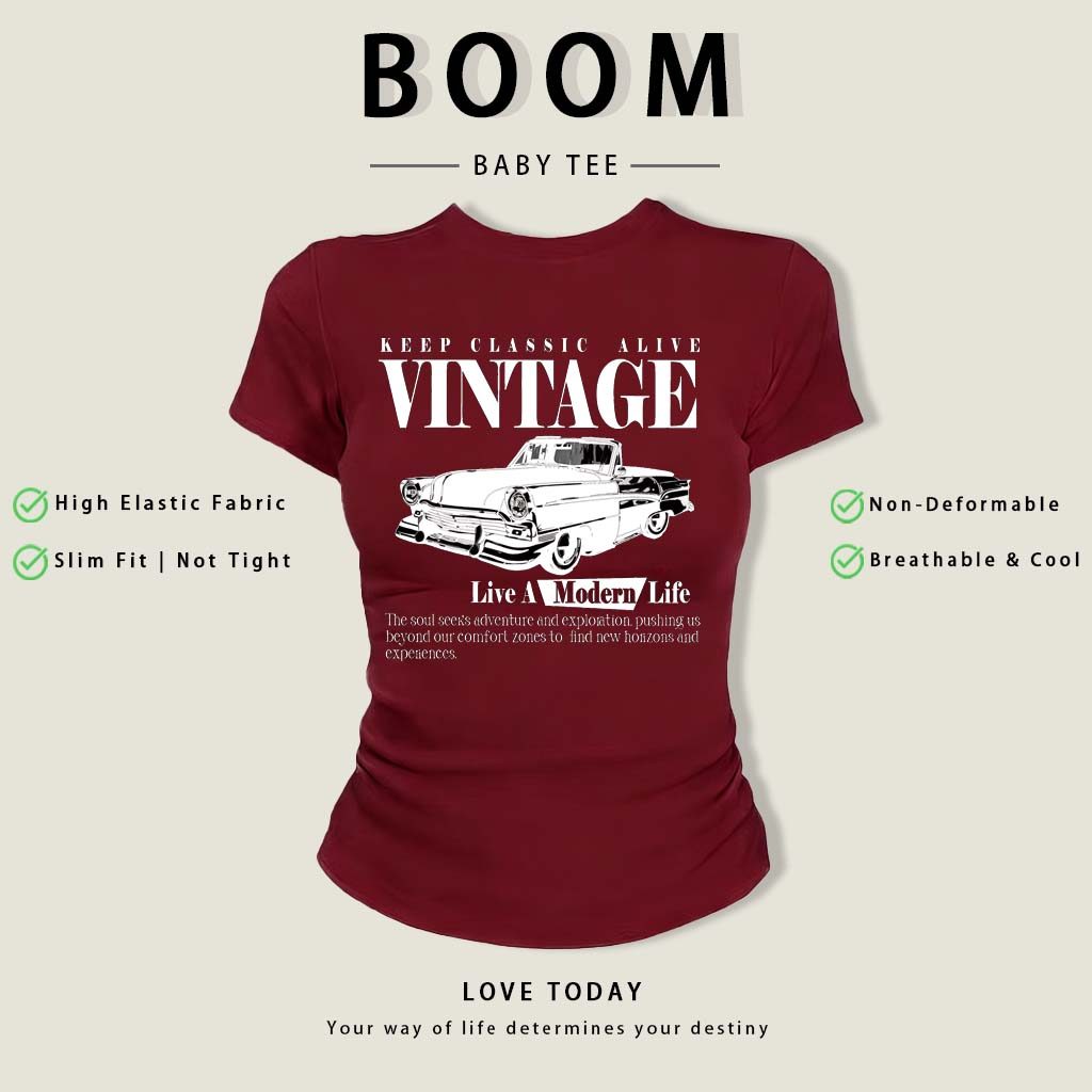 BOOM Áo Baby Tee Nữ Cotton Ôm Body-Áo Thun Ngắn Tay Y2K In Hình PhongCách Mùa Hè, Cổ Tròn Hàng Đầucách hàn quốc phongW28