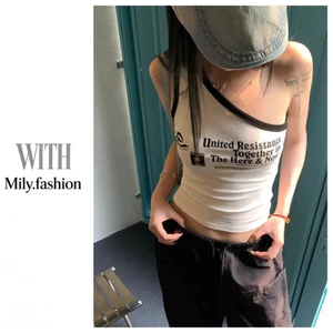 Milyfashion Một Vai In Chữ Sling Ba Màu Mỏng Hơn Nhìn Cô Gái Nóng bỏng Áo Ngắn Có Miếng Lót Ngực
