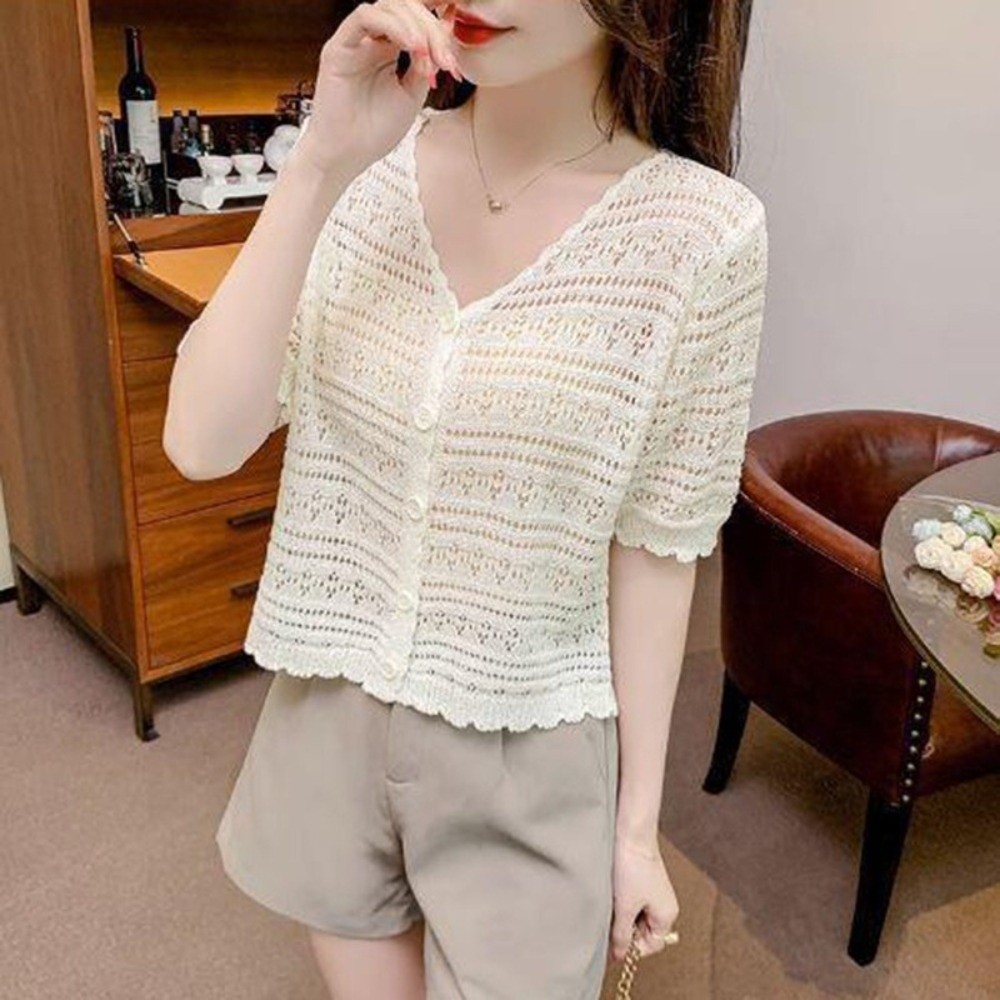 Áo len dệt kim HOBBYIN cổ chữ V, ngắn tay, chống nắng - Áo khoác ngoài dành cho nữ