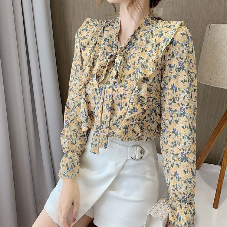 Áo Sơ Mi Dài Tay Họa Tiết Hoa Thời Trang Nữ Áo Sơ Mi In Hình Nơ
