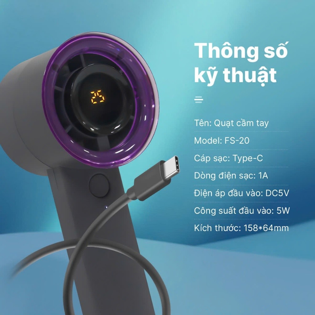 Quạt cầm tay mini màn hình LED, quạt tích điện FS20 pin 4200mAh, mang đi du lịch, đi học, đi làm