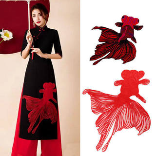 ✅ Koi ✅ Phong cách cổ xưa Vải Sườn xám trang trí Trong Kho bản vá Nhãn dán vải thêu Miếng dán vải thêu cá vàng cao cấp, cá chép voan sườn xám cho trang trí quần áo