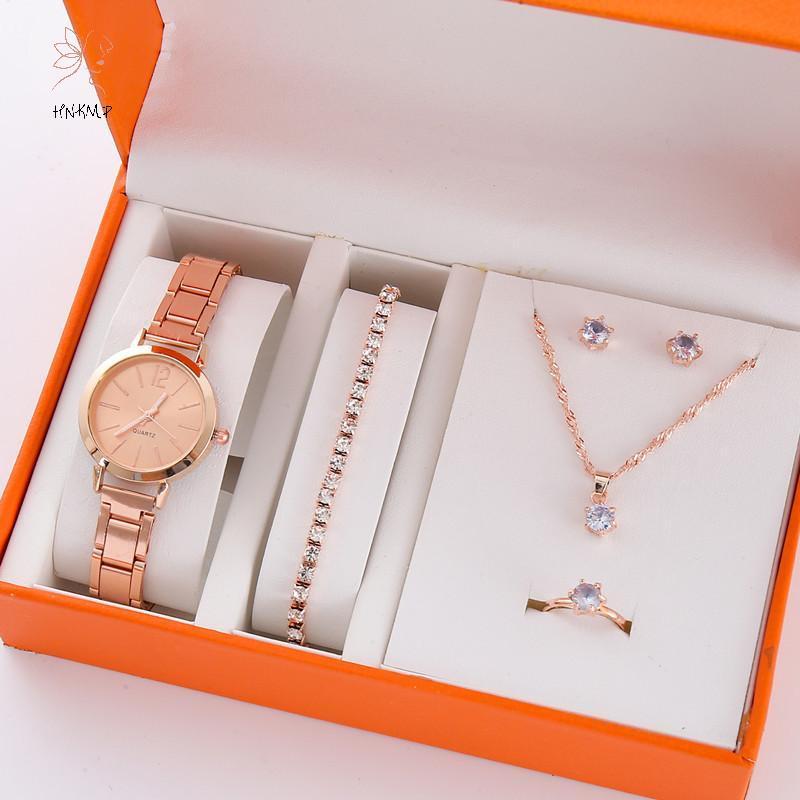 HBNMP - Bộ trang sức nữ thời trang gồm 6 món: đồng hồ thạch anh, vòng cổ, bông tai và dây chuyền với chi tiết kim cương giả.