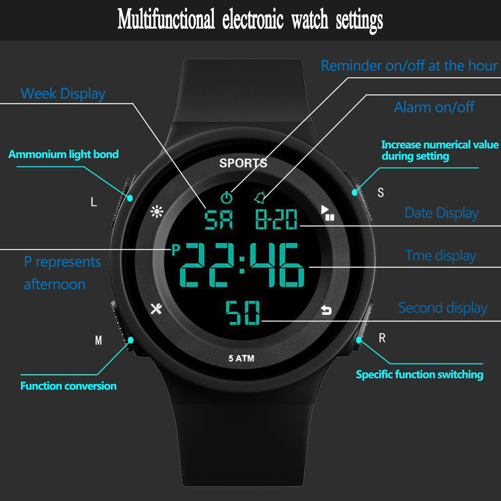 Đồng hồ thể thao kỹ thuật số nam Đồng hồ đeo tay Chronograph dạ quang có dây đeo silicon cho trẻ em Thanh thiếu niên Học sinh