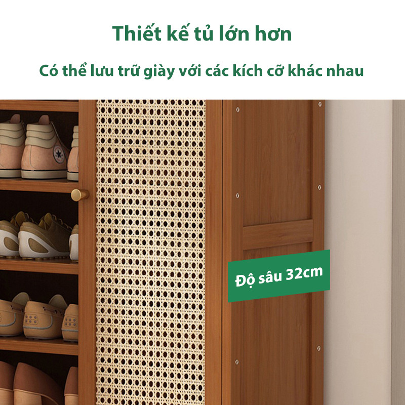 Tủ Giày Mây Đan Việt Nam Khung Gỗ Tự Nhiên Nhiều Tầng Đựng Đầy Đủ Giày Dép Cho Gia Đình